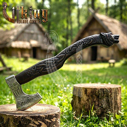 Viking Battle Axe | Hand Carved Wolf Handle | Forged Steel