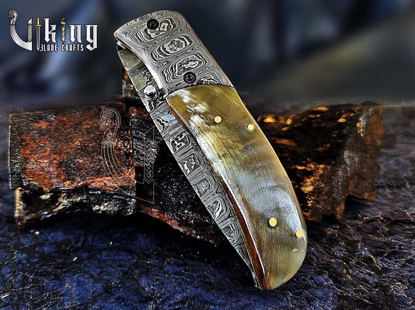 Forged Damascus Steel Folding Pocket Knife with Secure Leather Cover