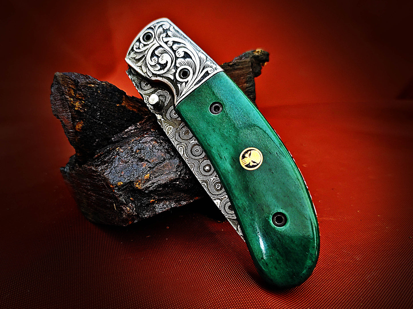 Damascus Pocket Knife with Stained Bone Handle – Ancient Hand-Carved Theme - Viking Blade Crafts