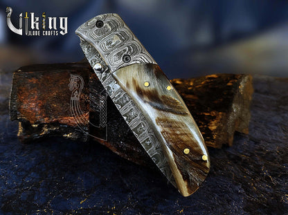 Forged Damascus Steel Folding Pocket Knife with Ram Horn Handle & Clip