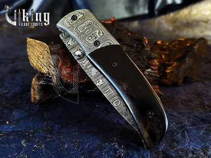 Hand-Forged Damascus Folding Knife with Ebony Wood  & Ladder Blade