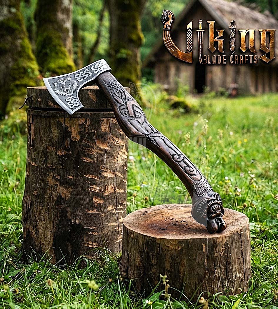 Hand Carved Viking Axe | Wolf Head Handle | Forged Steel