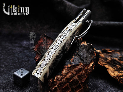 Hand-Forged Damascus Steel Rain Drop & Bone Handle Folding Knife