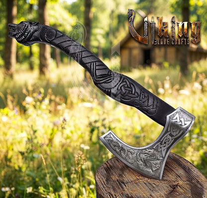 Fenrir Viking Axe | Hand Carved Wolf Handle | Forged Steel