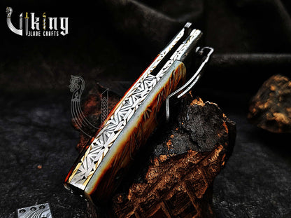 Forged Damascus Steel Folding Knife with Fire Camel Bone Handle