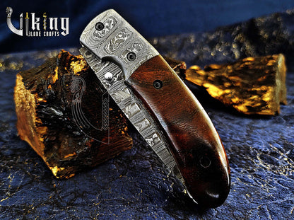 Handmade Damascus Steel EDC Folding Pocket Knife with Easy Lock