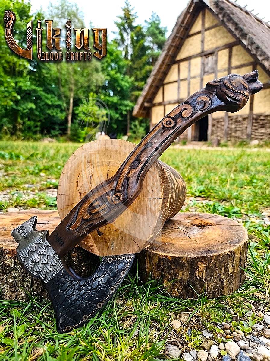 Fenrir Norse Axe | Hand Carved Wolf Handle | Forged Steel