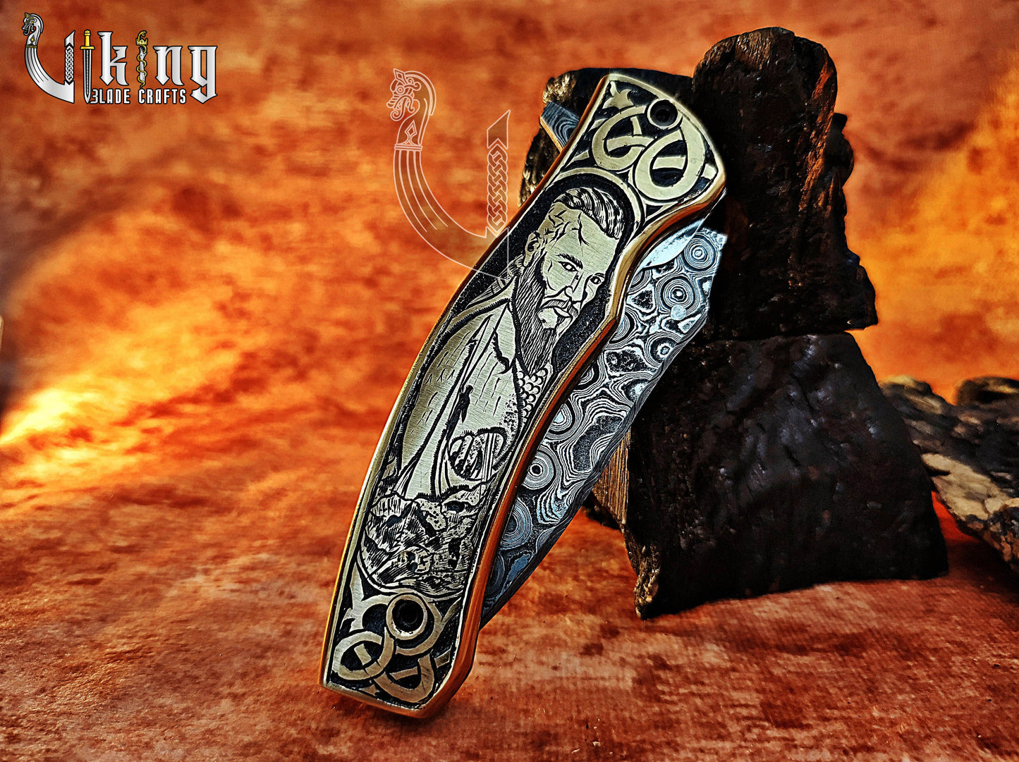 Forged Damascus Steel Blade Ragnar Lothbrok Carved Handle Folding Knife