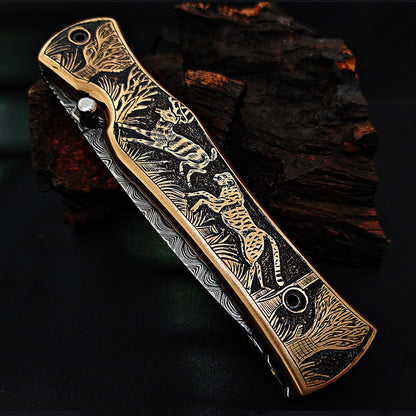 Hand-Carved Wildlife Theme Damascus Pocket Knife – Collector’s Edition - Viking Blade Crafts