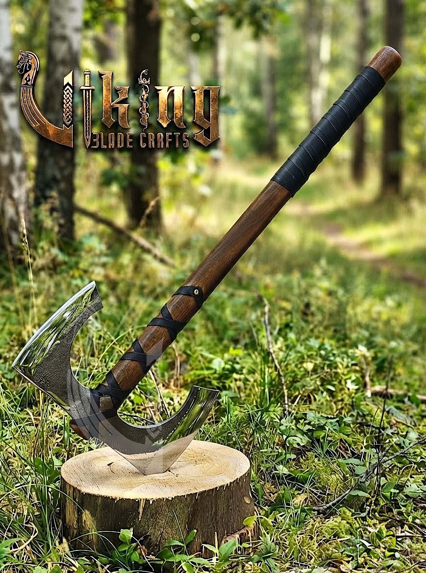 30" Double Bit Viking Battle Axe - Hand Forged Carbon Steel & Leather