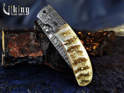 Hand-Forged Damascus Steel Blade with Ram Horn Handle & Easy Lock Folding Knife
