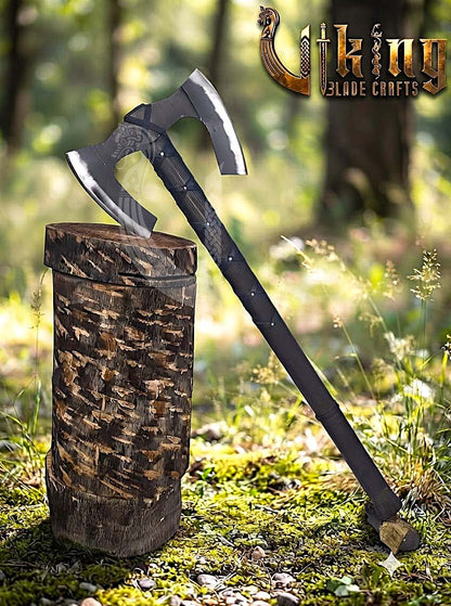 36" Double Bit Viking Axe - Hand Forged Carbon Steel & Leather Cover