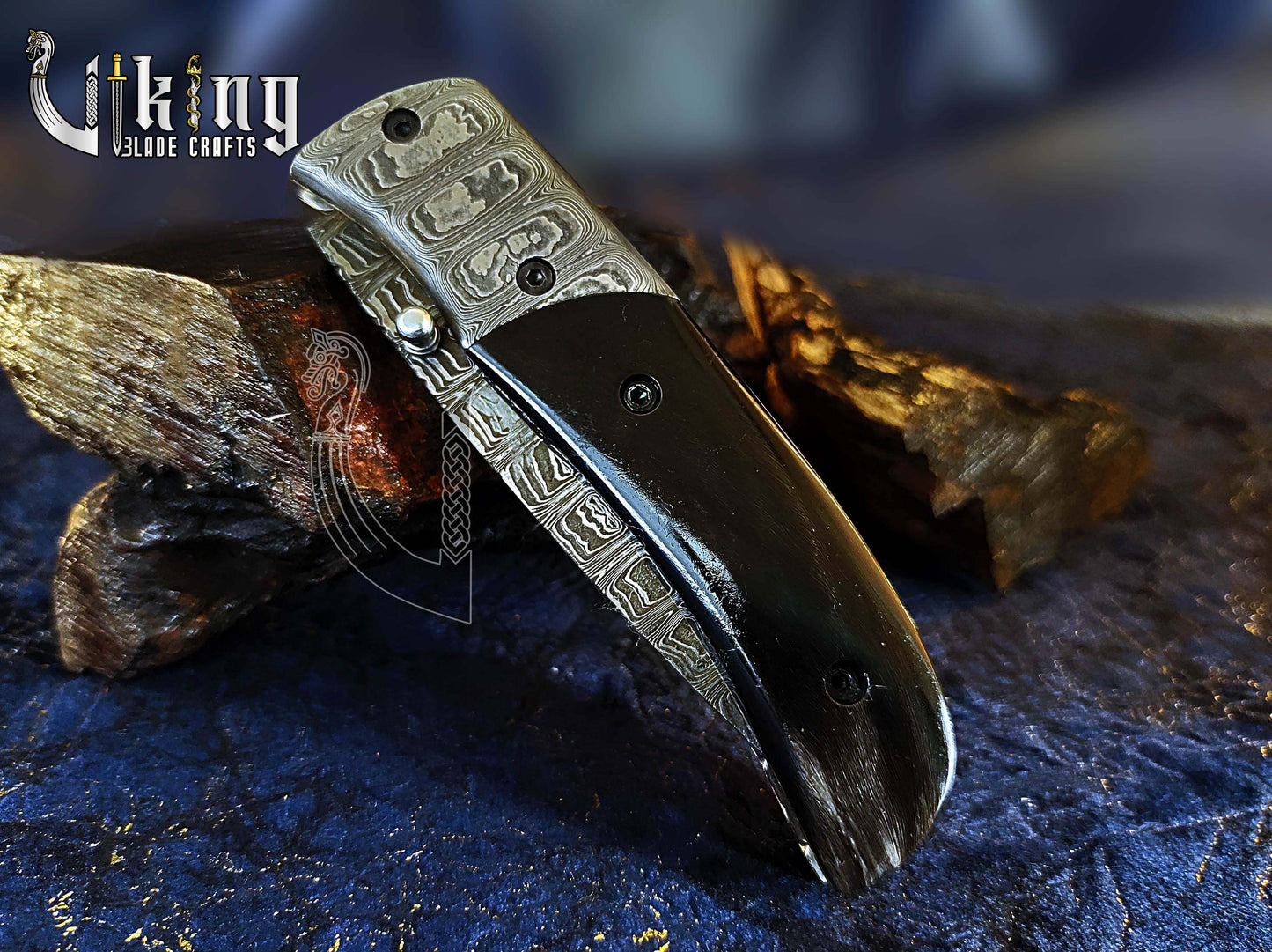 Hand-Forged Damascus Pocket Folding Knife w/ Buffalo Horn Handle & Clip