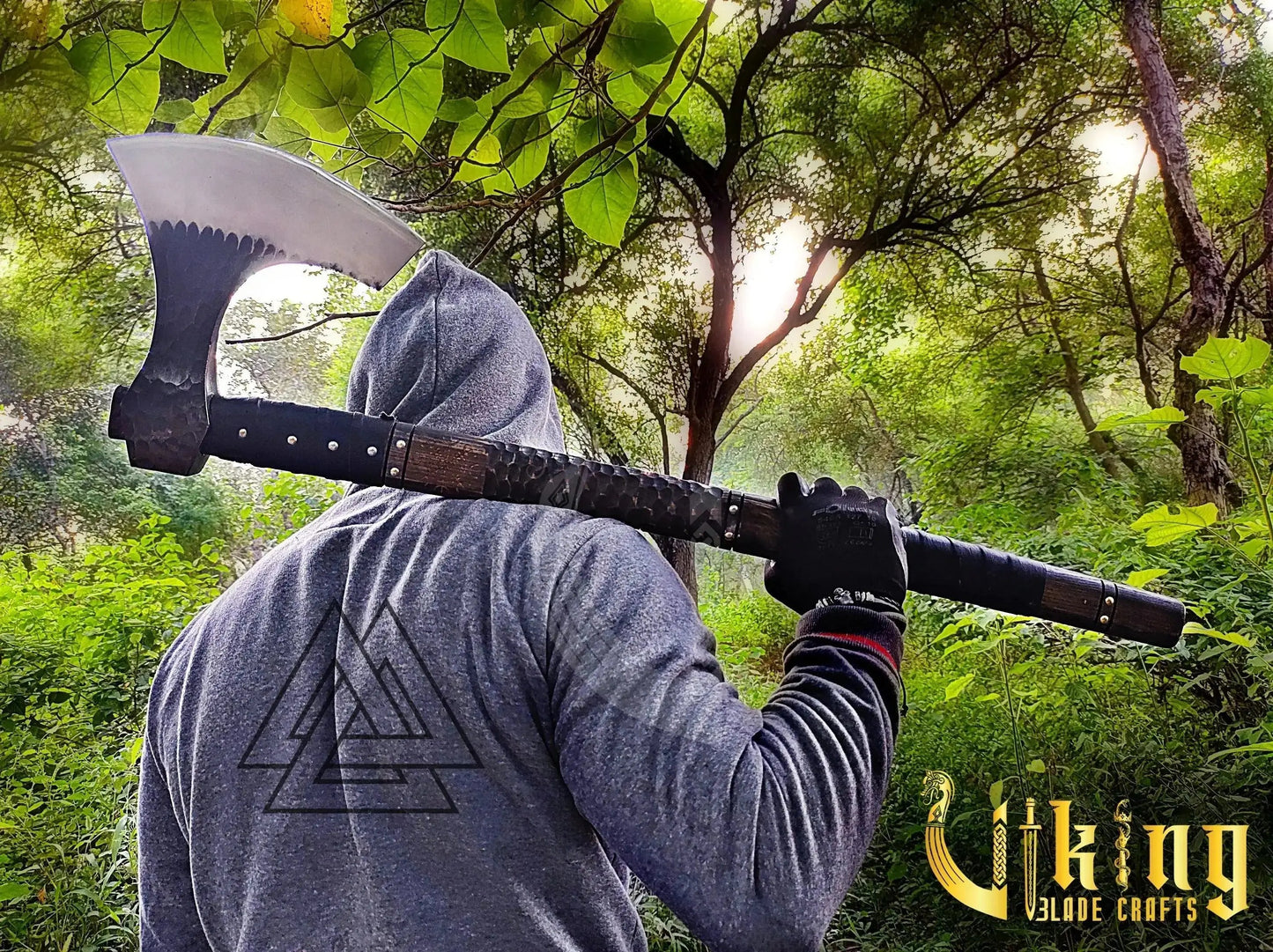 Handmade Vegvisir 36" Long Viking Axe & Carved Raven Shield – Norse Battle Set Viking_Blade_Crafts