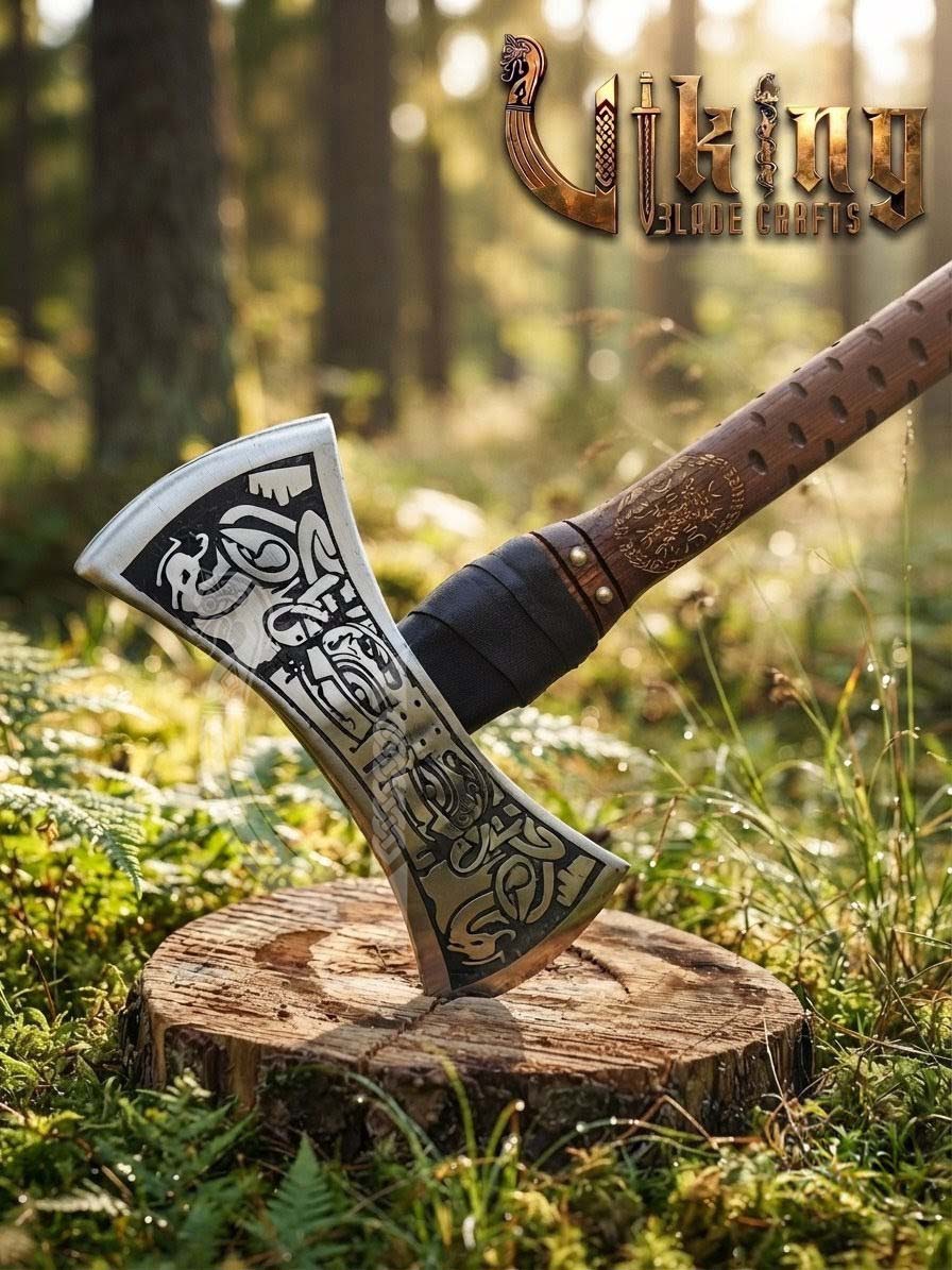 The Helm of Awe 30" Forged Viking Axe & Carved Wooden – Norse Warrior Axe