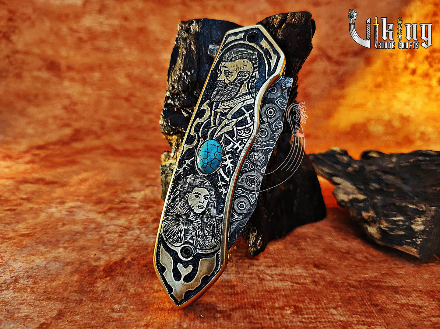 Handmade Damascus Folding Knife Shieldmaiden Lagertha & Ragnar Lothbrok Carved Handle Folding Knife
