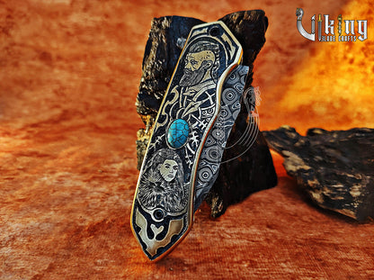 Handmade Damascus Folding Knife Shieldmaiden Lagertha & Ragnar Lothbrok Carved Handle Folding Knife