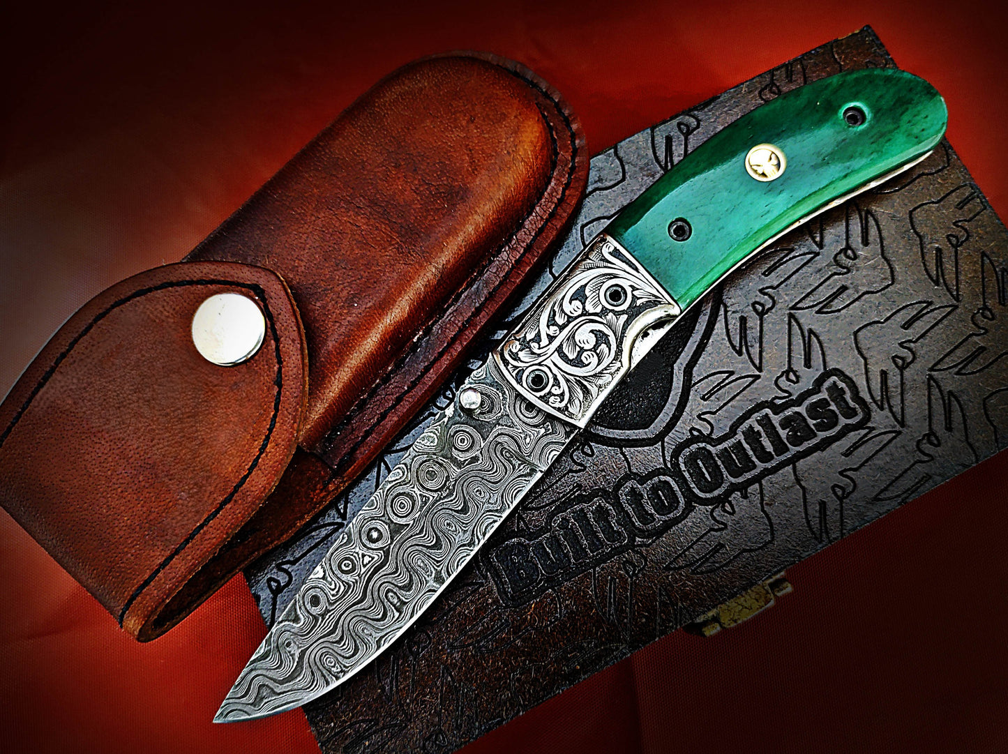 Damascus Pocket Knife with Stained Bone Handle – Ancient Hand-Carved Theme - Viking Blade Crafts