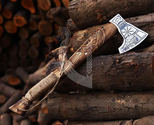 Hand Carved Handle Viking Axe – High Carbon Steel Battle Axe with Sheath