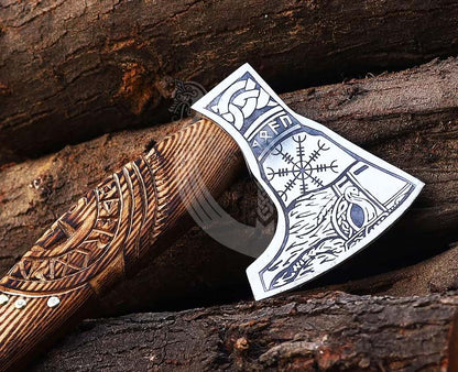 Hand Carved Handle Viking Axe – High Carbon Steel Battle Axe with Sheath