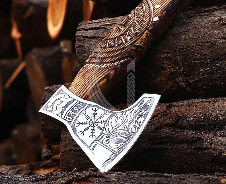 Hand Carved Handle Viking Axe – High Carbon Steel Battle Axe with Sheath