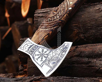 Hand Carved Handle Viking Axe – High Carbon Steel Battle Axe with Sheath