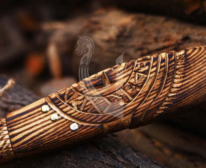 Hand Carved Handle Viking Axe – High Carbon Steel Battle Axe with Sheath