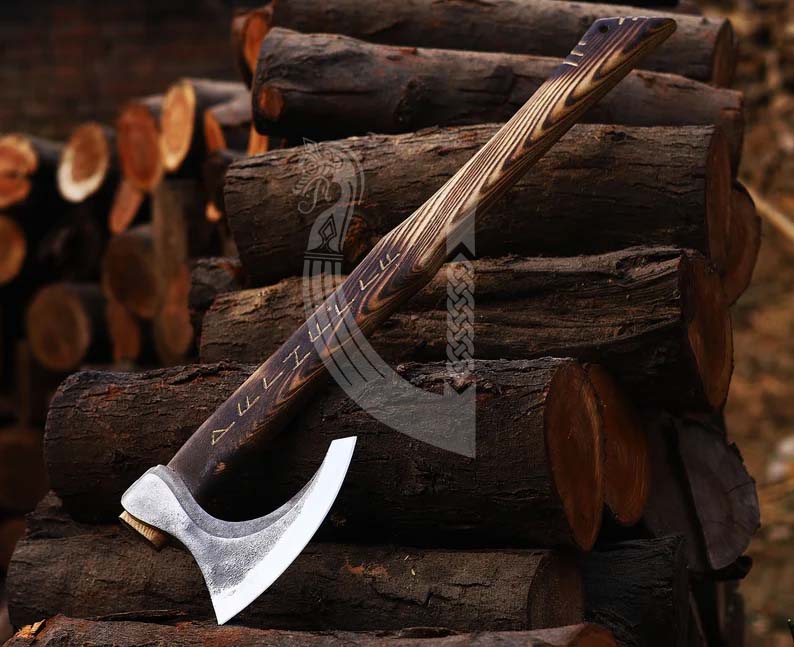 Viking Axe – Runes Carved Handle Battle Axe with Leather Sheath