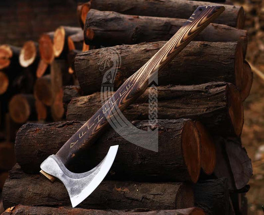 Viking Axe – Runes Carved Handle Battle Axe with Leather Sheath