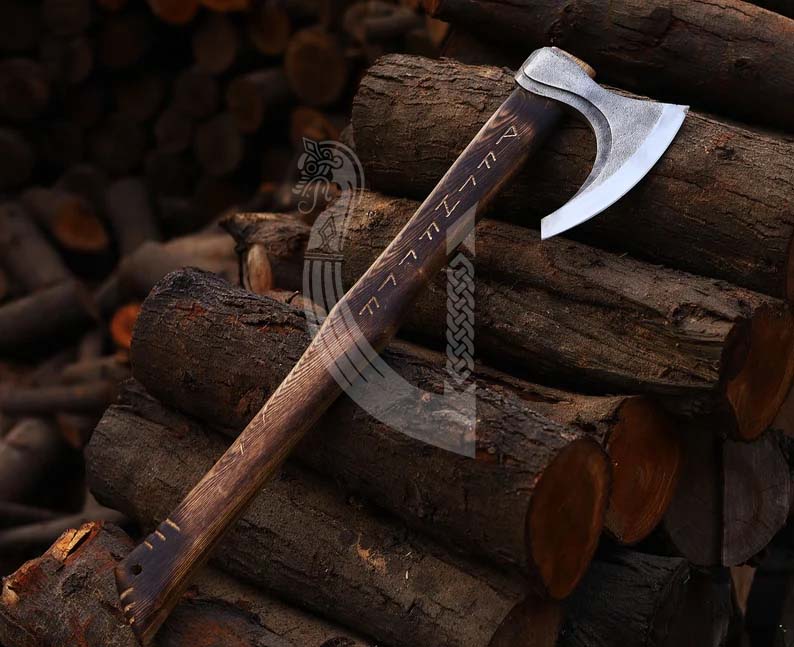 Viking Axe – Runes Carved Handle Battle Axe with Leather Sheath