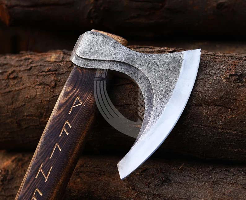 Viking Axe – Runes Carved Handle Battle Axe with Leather Sheath