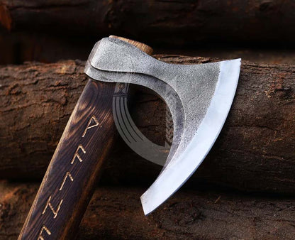 Viking Axe – Runes Carved Handle Battle Axe with Leather Sheath