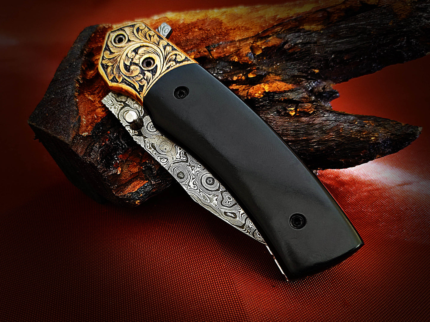 Damascus Pocket Knife with buffalo Horn Handle – Ancient Hand-Carved Theme - Viking Blade Crafts