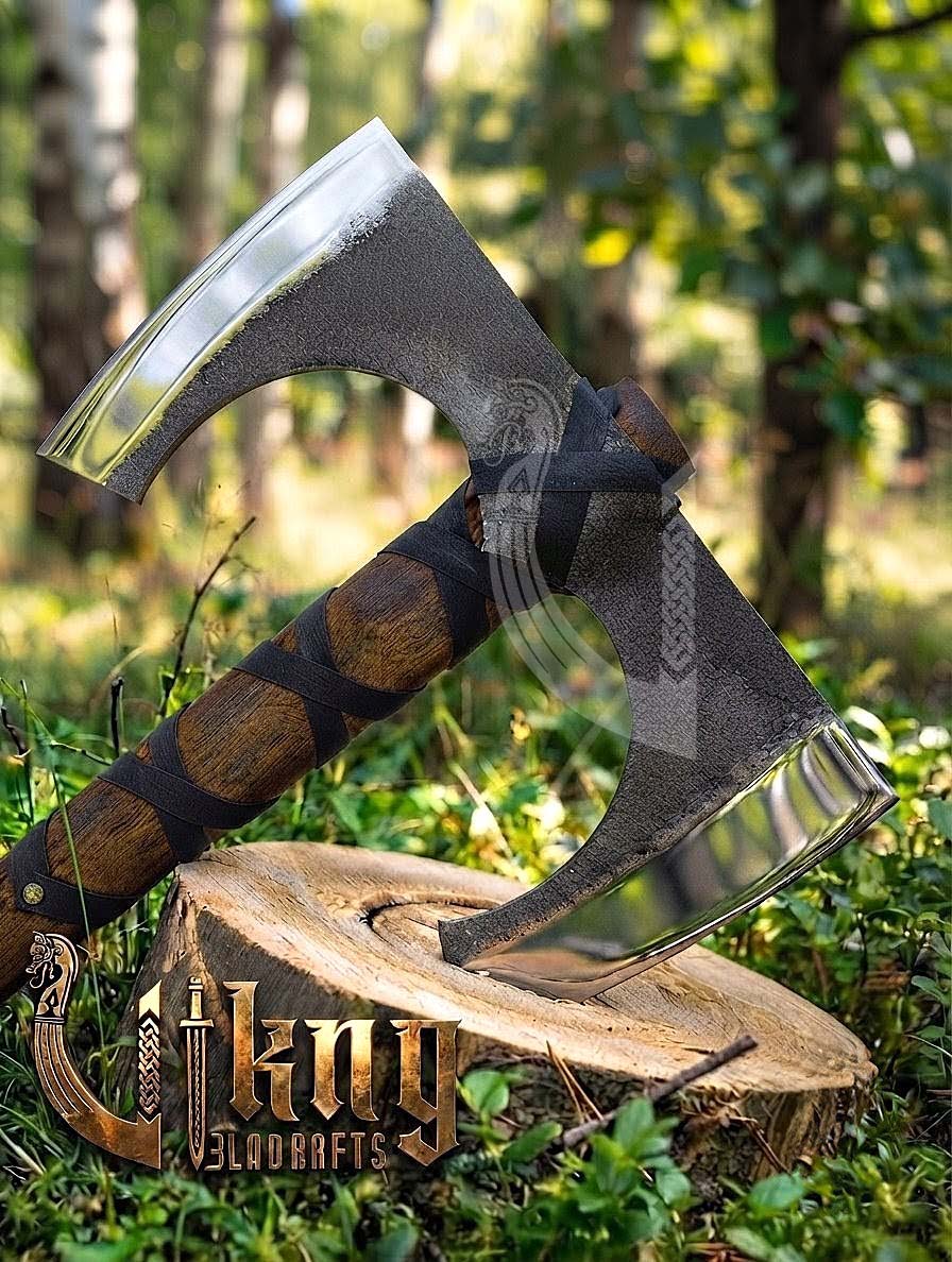 30" Double Bit Viking Battle Axe - Hand Forged Carbon Steel & Leather