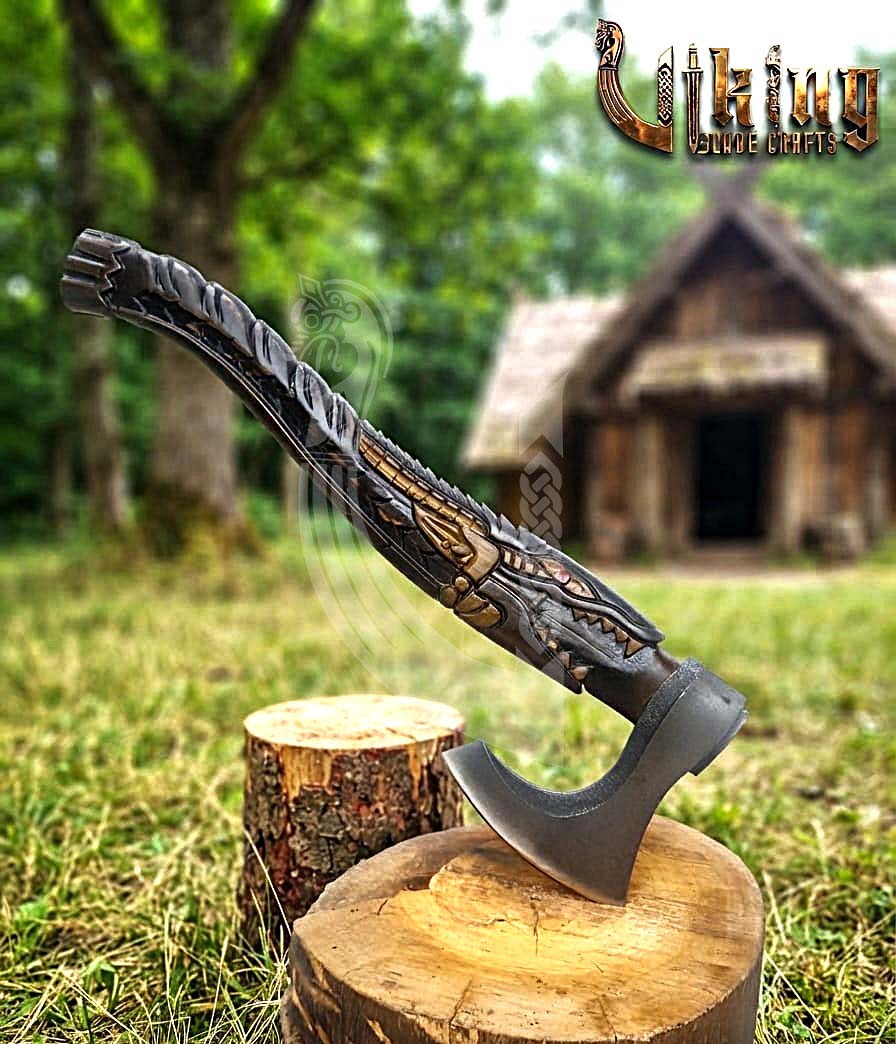 Alligator Viking Axe | Hand Carved Handle | Forged Steel