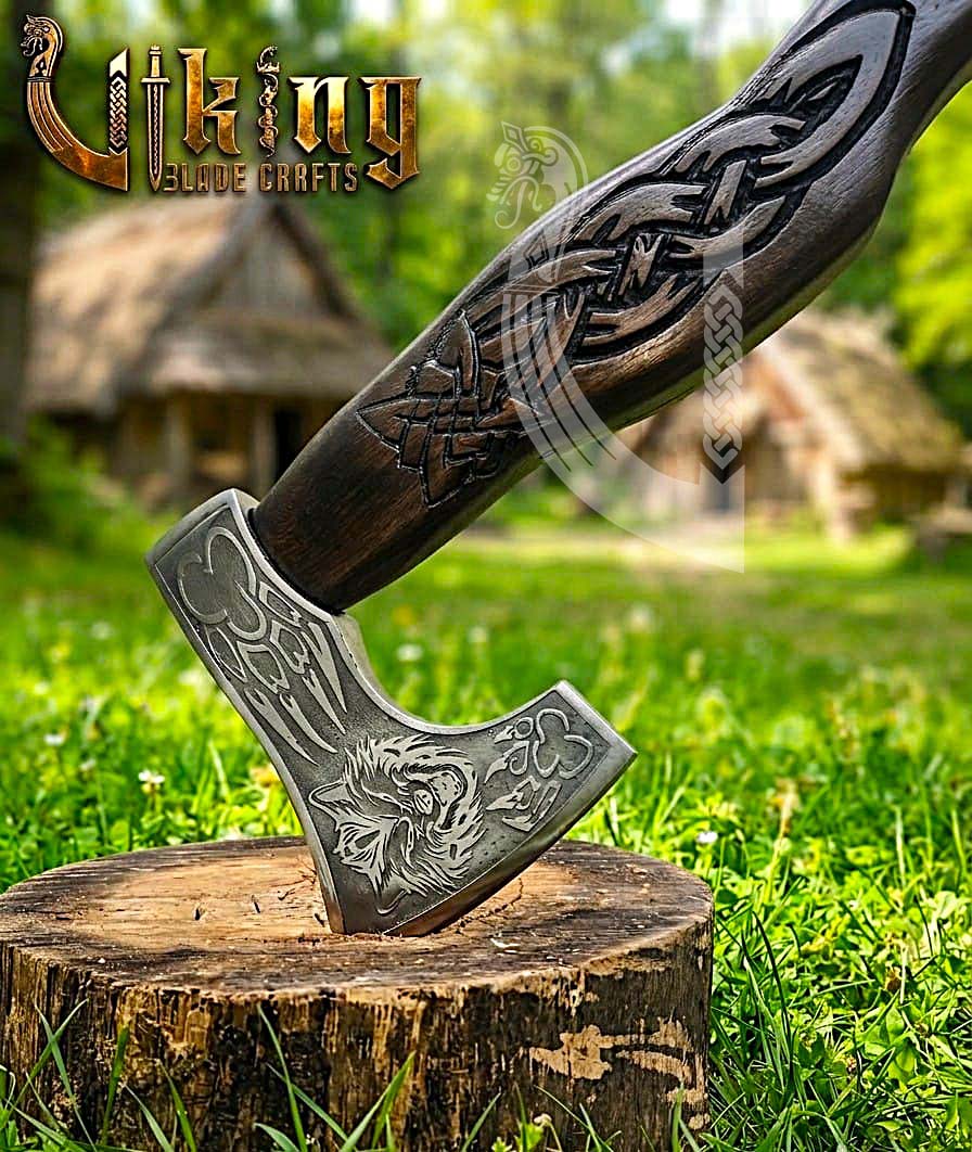 Viking Battle Axe | Hand Carved Wolf Handle | Forged Steel