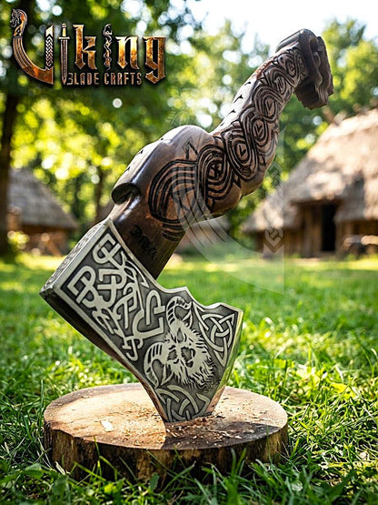 Viking Goat Axe | Hand Carved Geit Handle | Forged Steel