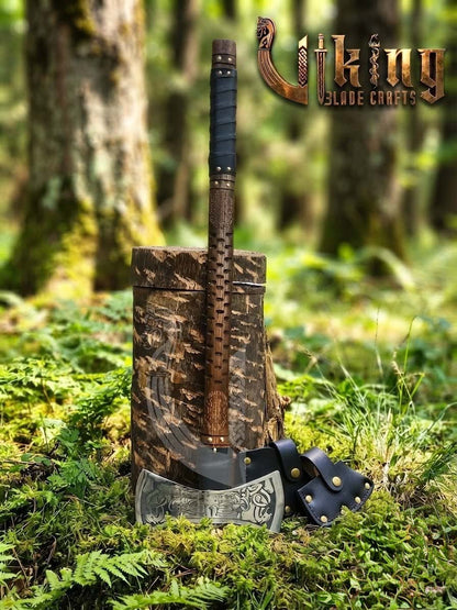 The Helm of Awe 30" Forged Viking Axe & Carved Wooden – Norse Warrior Axe