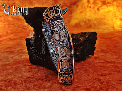 Handmade Damascus Folding Knife with Jesus Crucifixion Handle Carving