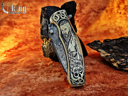 Forged Damascus Steel Blade Ragnar Lothbrok Carved Handle Folding Knife
