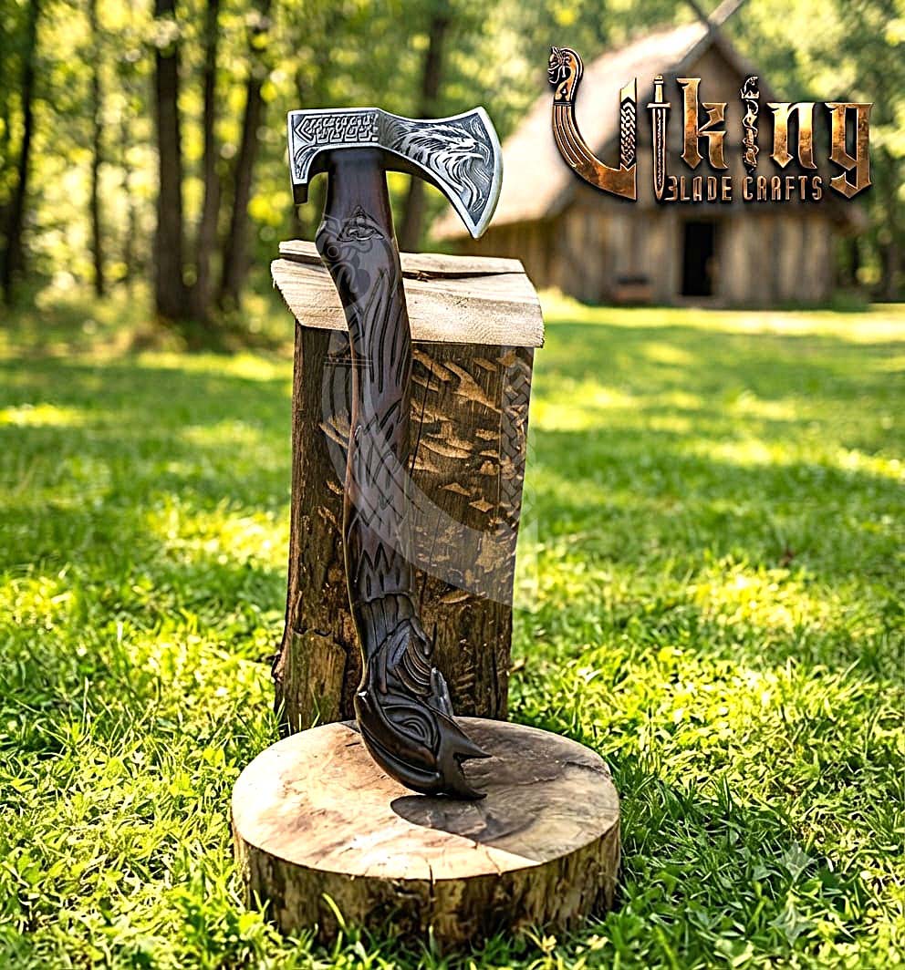Huginn Muninn Viking Axe | Raven Carved Handle | Forged Steel