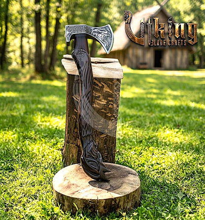 Huginn Muninn Viking Axe | Raven Carved Handle | Forged Steel