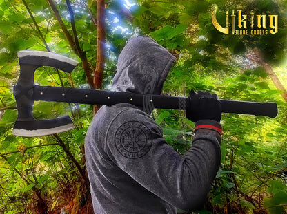 Forged Double Head 36" Viking Axe with Valknut  & Viking Runes Carved Shield Viking_Blade_Crafts