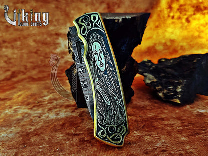 Hand-forged Damascus steel Pocket Folding knife with Queen Lagertha carving handle