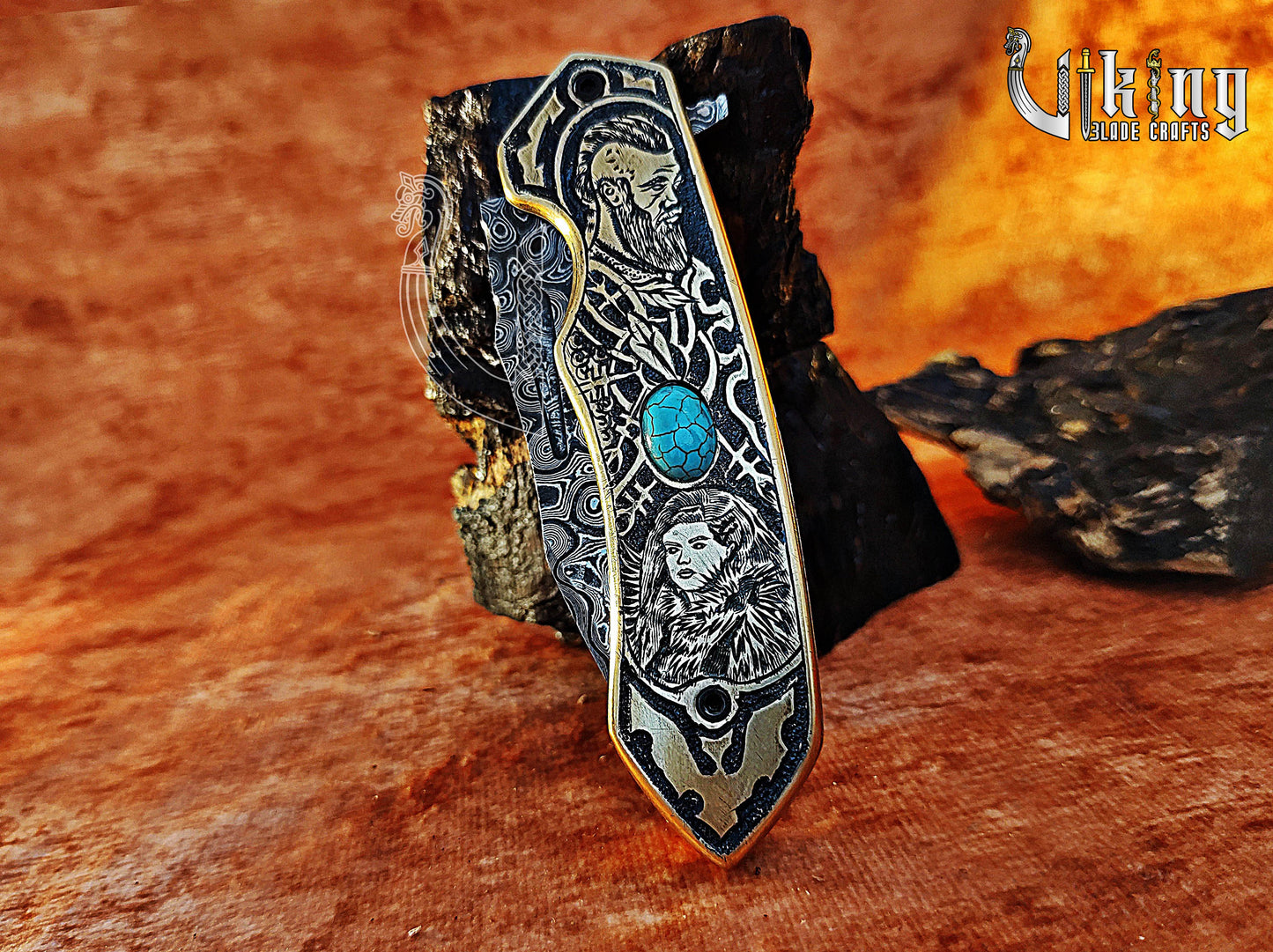 Handmade Damascus Folding Knife Shieldmaiden Lagertha & Ragnar Lothbrok Carved Handle Folding Knife