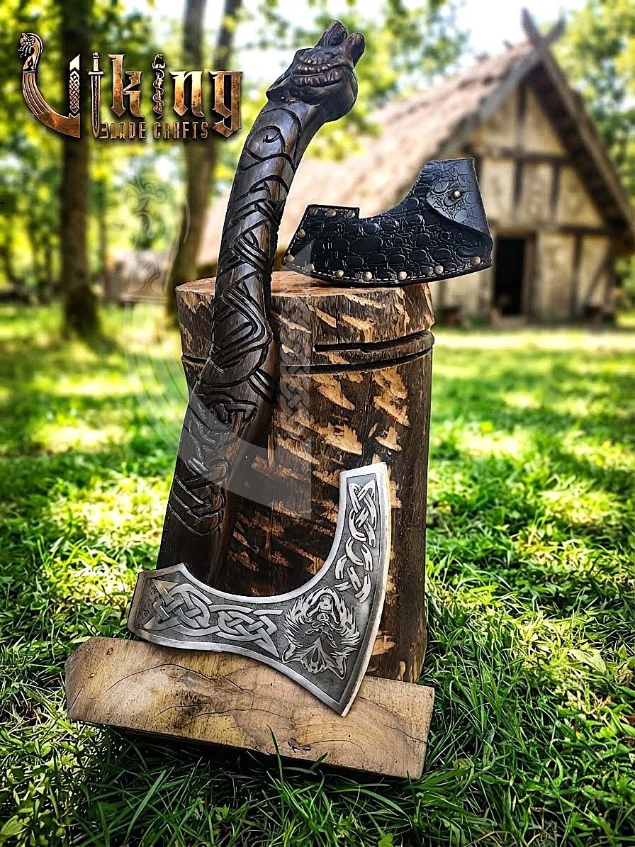 Fenrir Viking Axe | Hand Carved Wolf Handle | Forged Steel