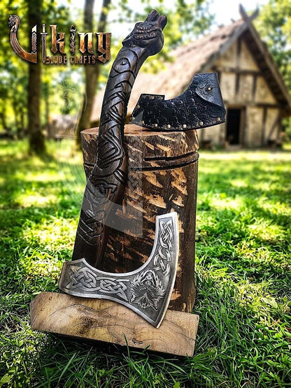 Fenrir Viking Axe | Hand Carved Wolf Handle | Forged Steel