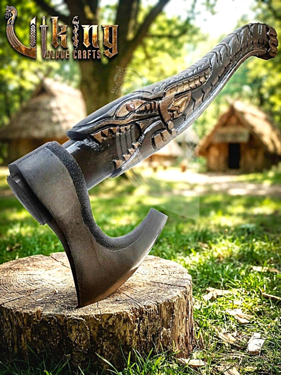 Alligator Viking Axe | Hand Carved Handle | Forged Steel