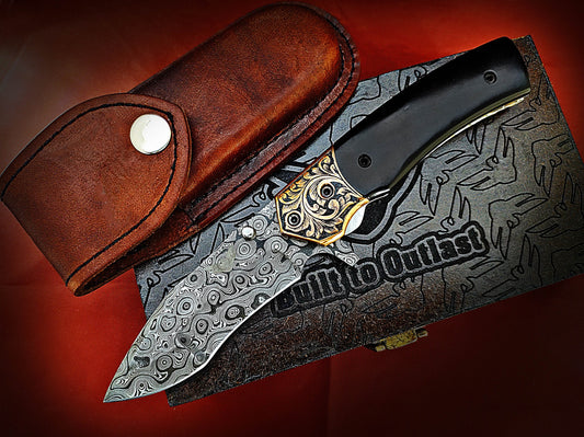 Damascus Pocket Knife with buffalo Horn Handle – Ancient Hand-Carved Theme