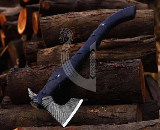 Handmade Viking Axe – Black Wrapped Handle Battle Axe with Leather Cover